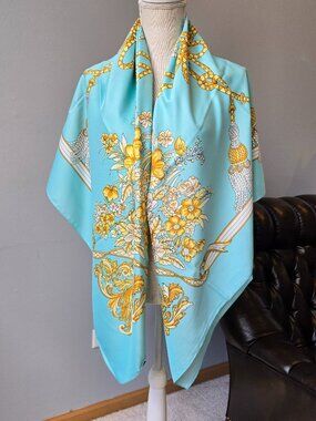 Large Square Silk Blue And Gold Scarf, Size 51X51 inch